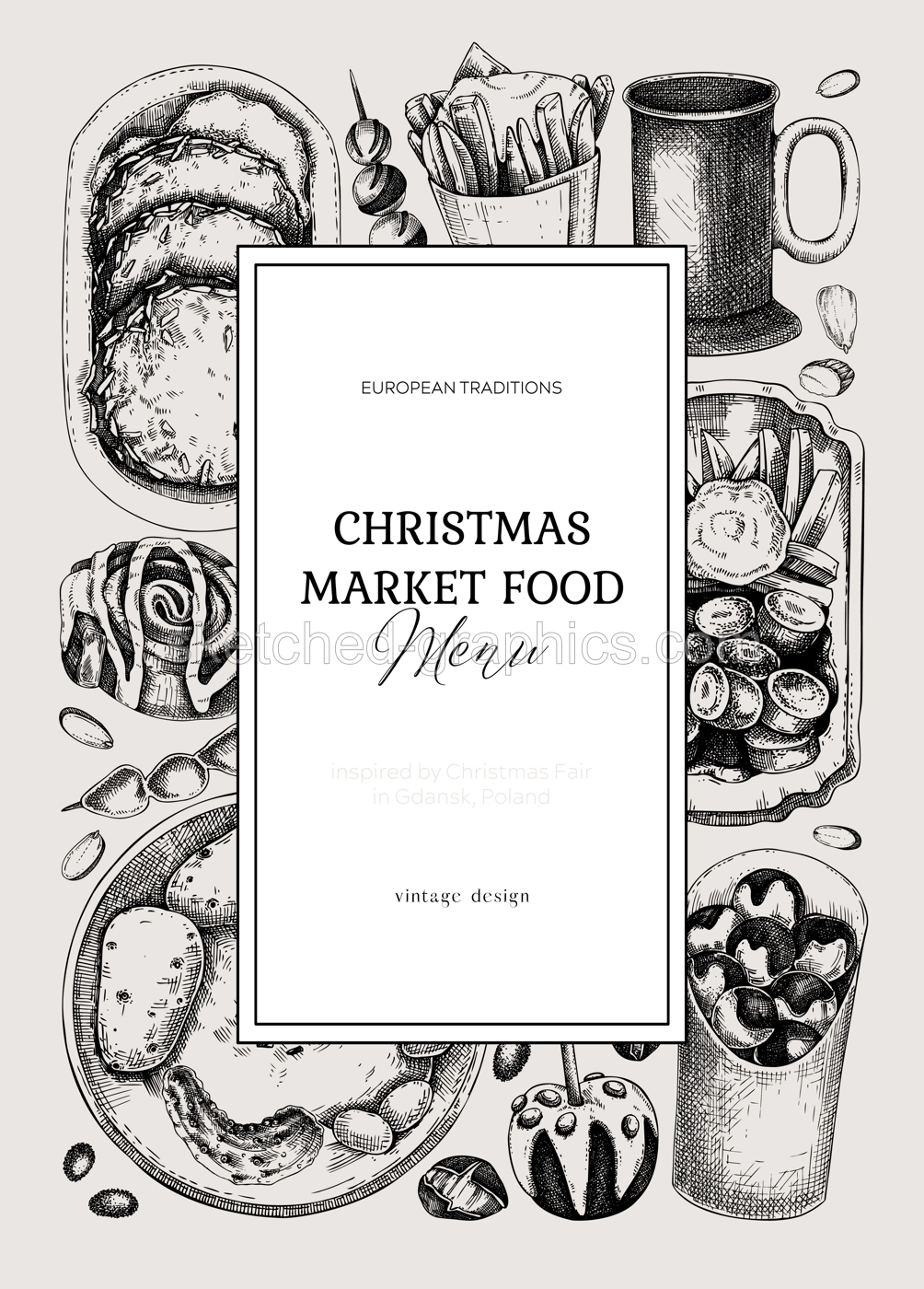 Christmas market food menu design. Hand-drawn vector illustration. Mulled wine, sweets, raclette, French fries, pastries, grilled sausages sketches. European Christmas fair frame, invitation, card Illustration